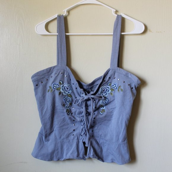 Aeropostale Tops - AEROPOSTALE BLUE EMBROIDERED FLORAL CROP TOP